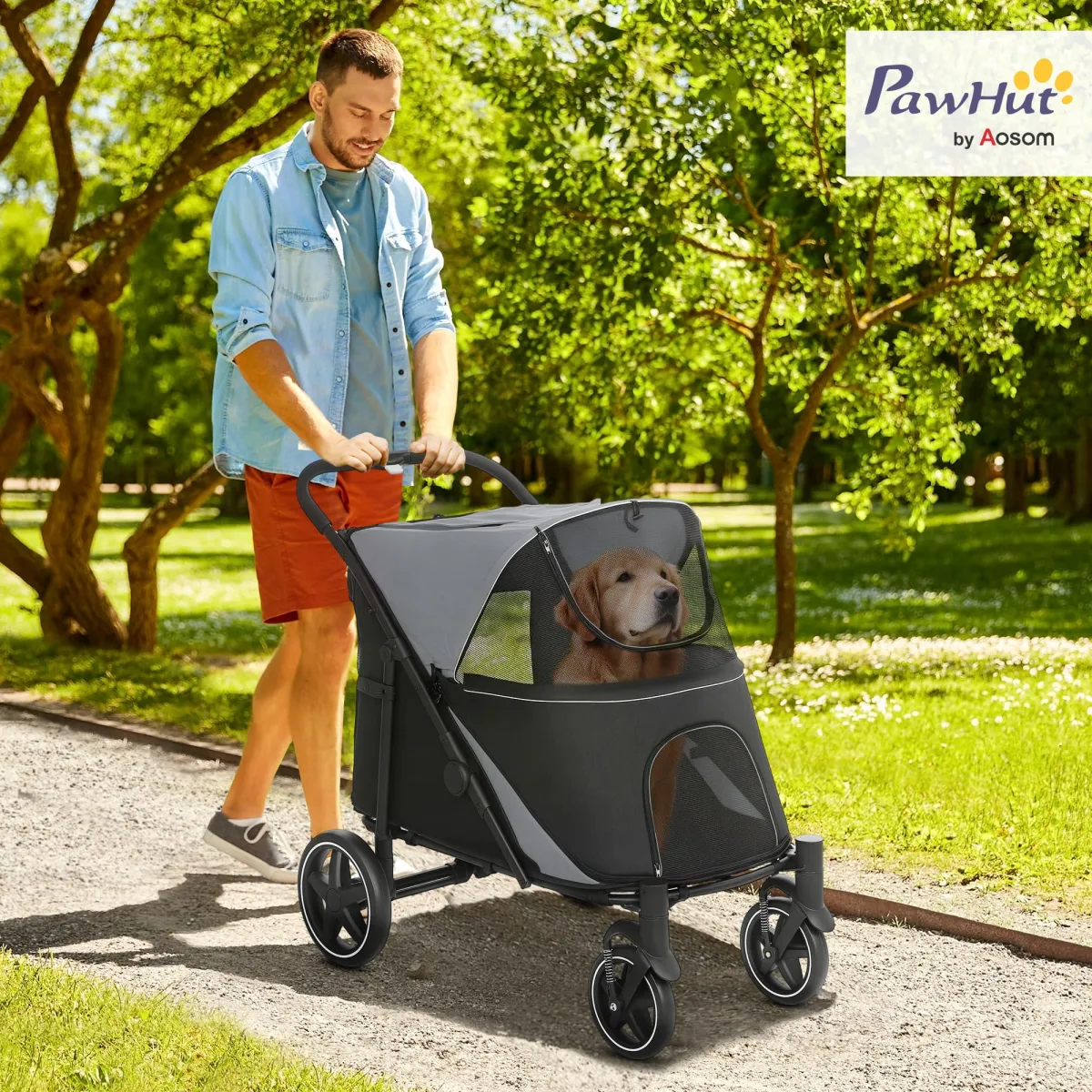 PawHut cochecito para perros grandes con ventanas de malla